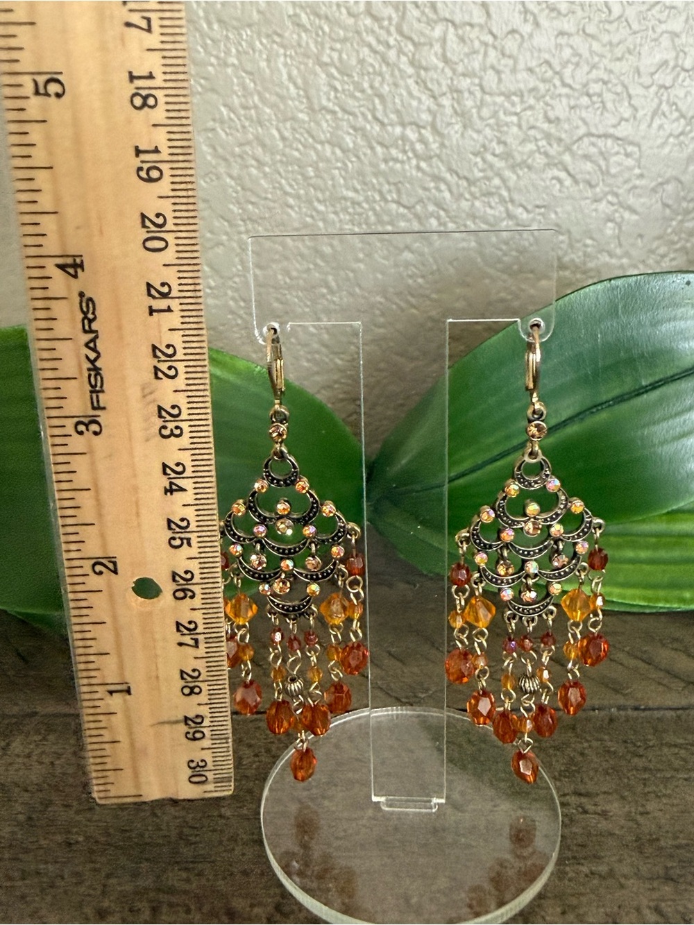 Gold-tone Orange Beaded Chandelier Earrings - Picture 5 of 6